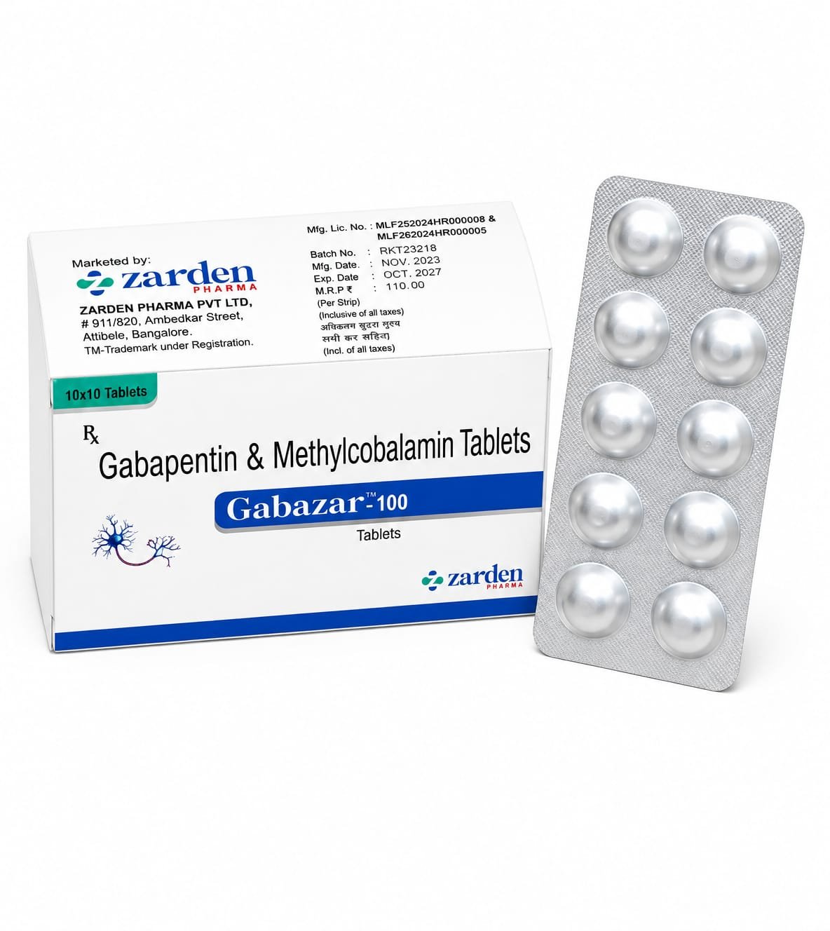 Gabazar 100 Tablets - Gabapentin 100 mg & Methylcobalamin 500 mcg - Zarden Pharma